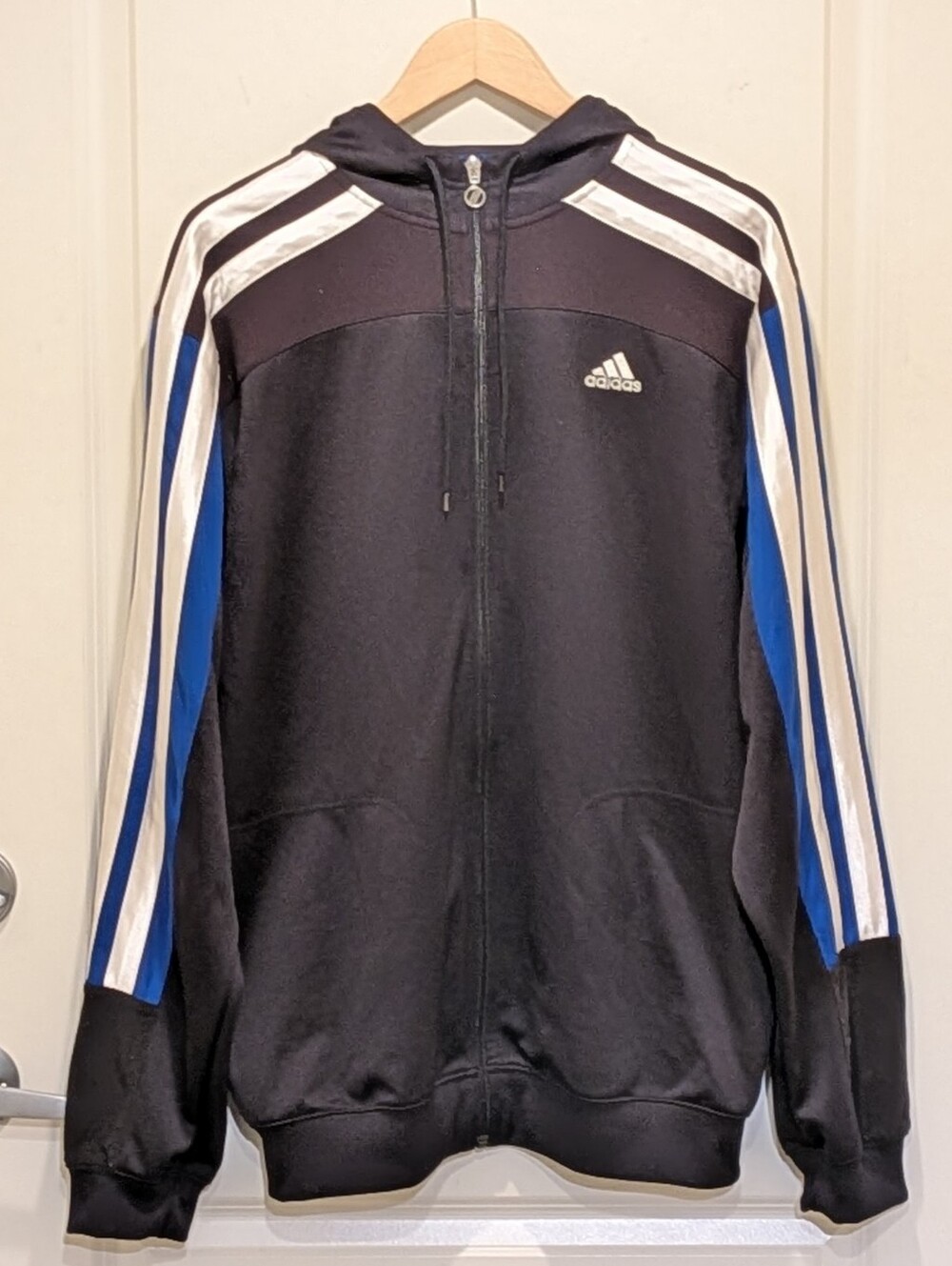 GUC Sample Adidas L ClimaCool Black Blue and White Three Stripe Zip Hoodie